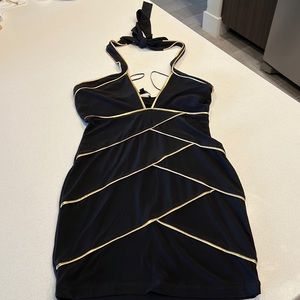 Symphony Black with Gold Accent Bodycon Halter Top Dress